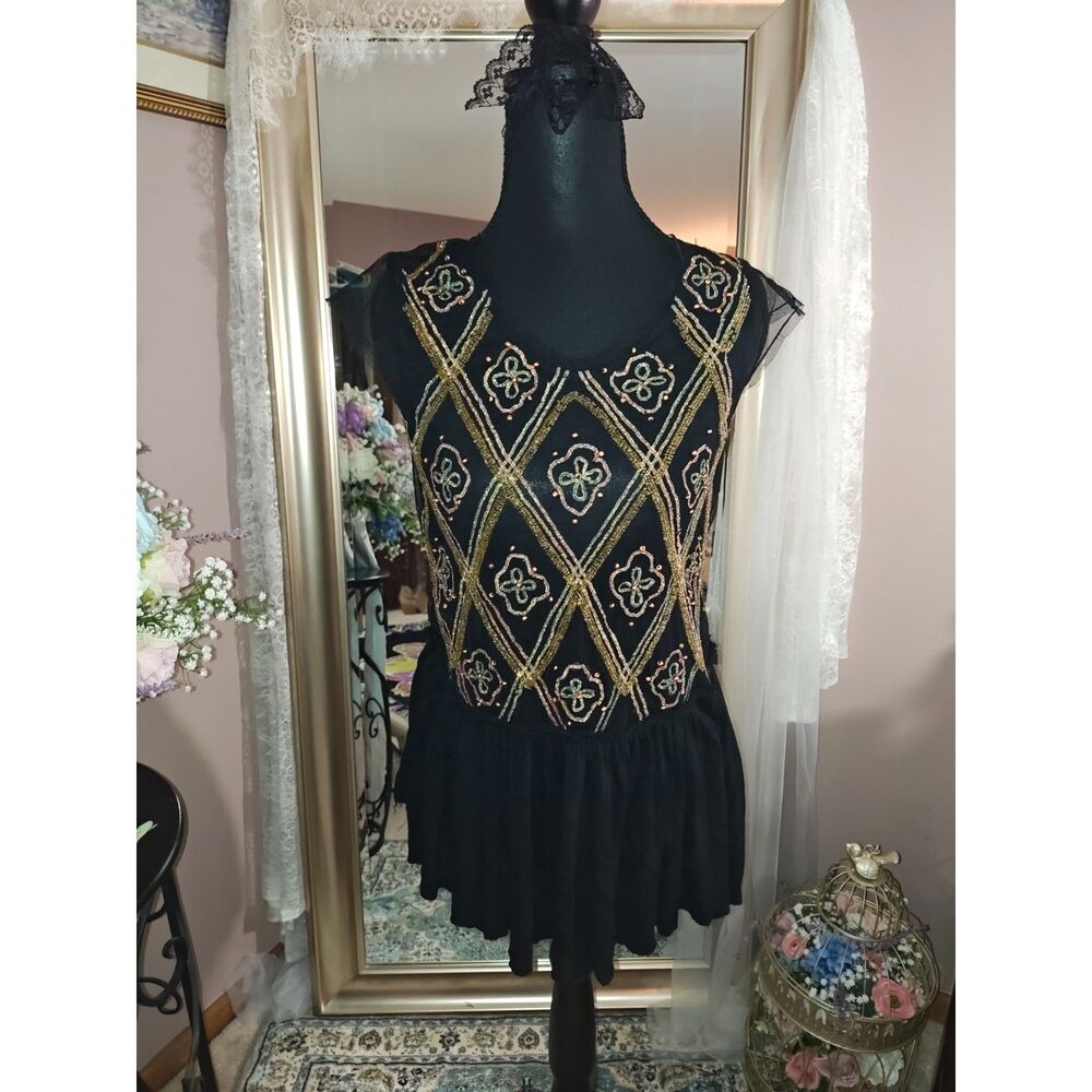 Free People Beaded Sheer Mesh Top Peplum